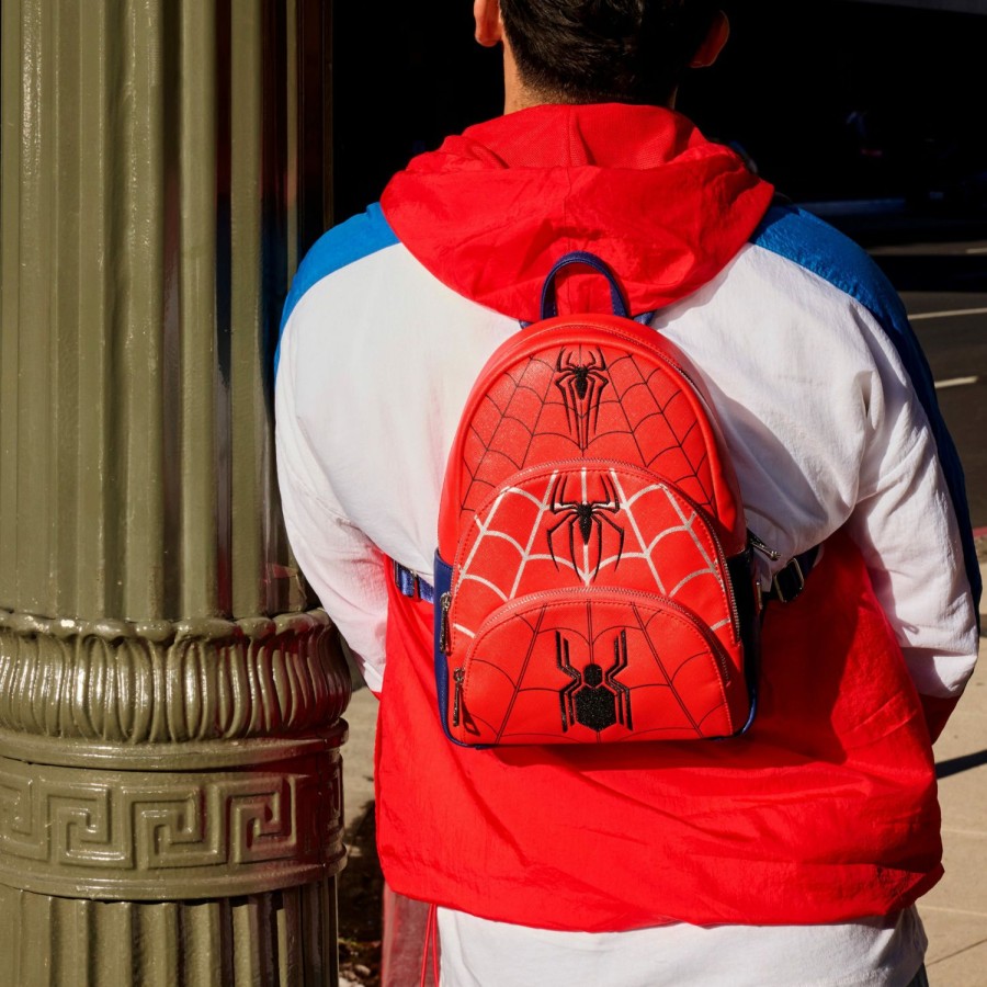 Handbags & Wallets * | Exclusive Spider-Man Triple Pocket Multi Logo Mini Backpack Loungefly Typical Style