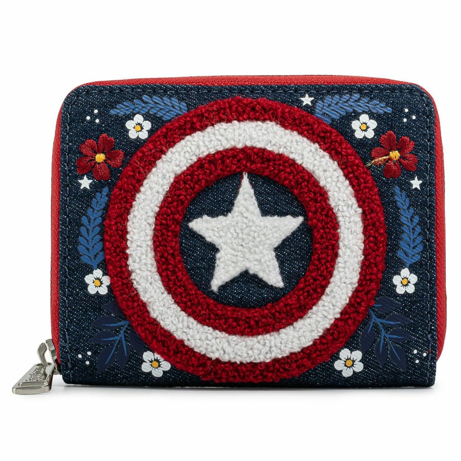 Handbags & Wallets * | Marvel Captain America 80Th Anniversary Floral Shield Zip Around Wallet Loungefly Hot Sale